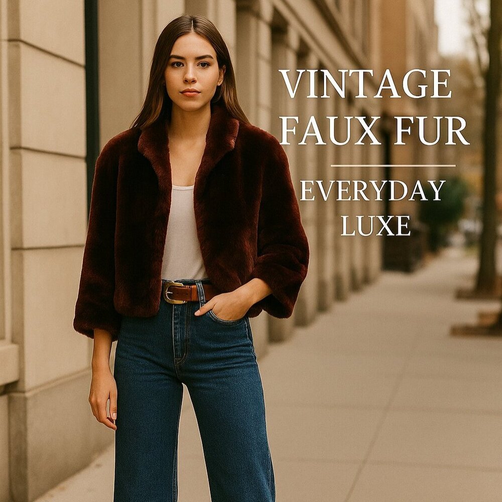 Vintage Faux Beaver Cropped Jacket Burgundy Brown Sz S Mob Wife